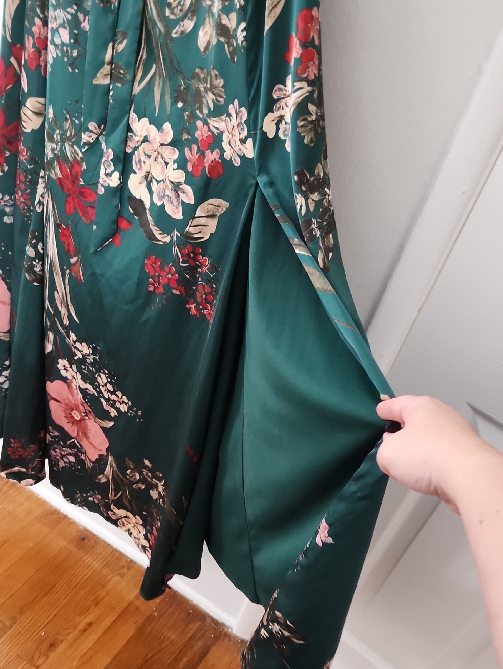 Lulu's Emerald Green Floral Wrap Maxi Dress with Pink & Red Accents - Picture 11 of 12